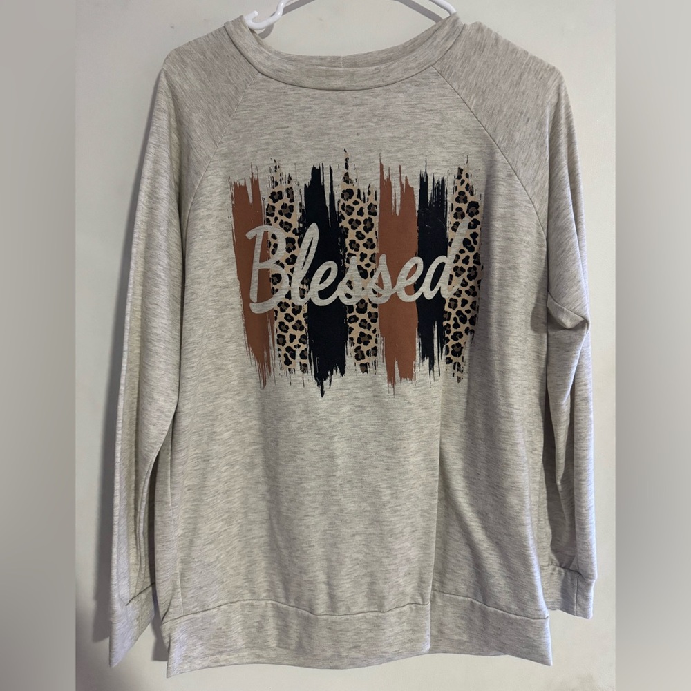 Gray 'Blessed' Leopard Print Sweatshirt